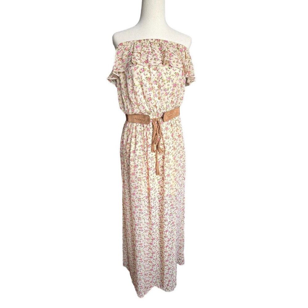 Allison Britney Maxi Dress Strapless Sheer Floral Belted Summer Bohemian Country